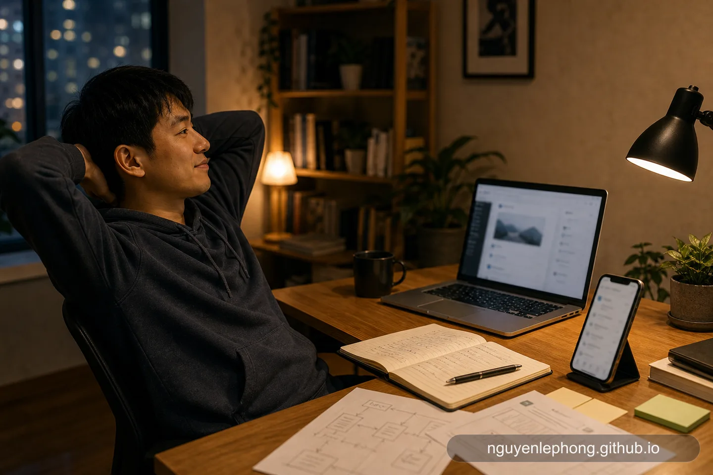 Một developer ngả người ra sau sau khi test xong một project nhỏ trên cả laptop lẫn điện thoại, tận hưởng sự tự tin yên lặng đến từ việc tự build từ đầu đến cuối.