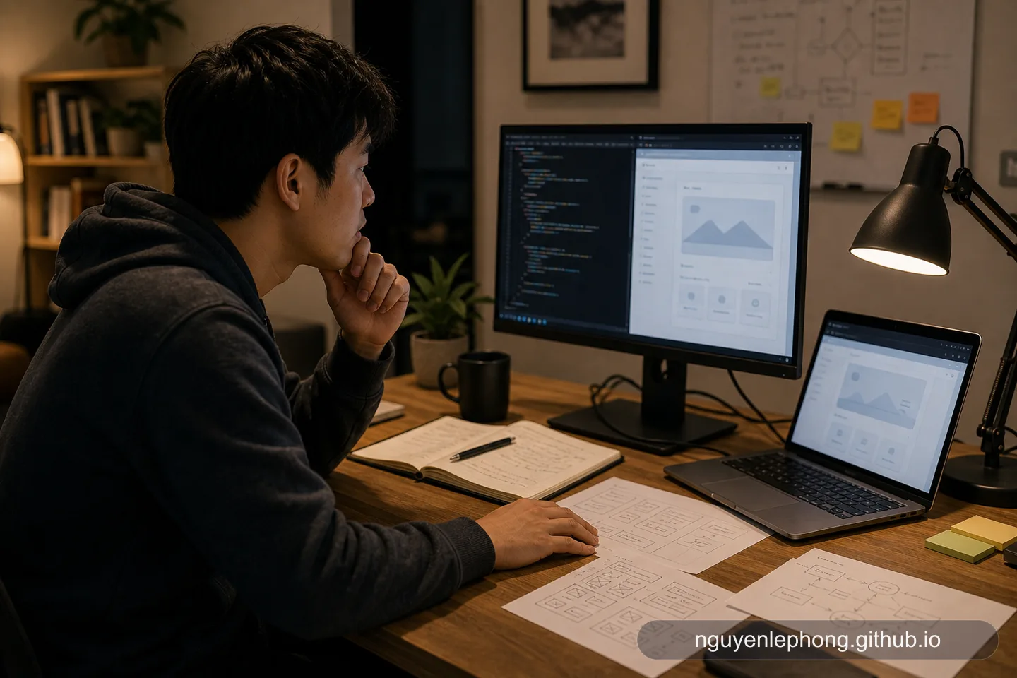 Một developer nhìn kỹ prototype cá nhân nhỏ với note và diagram bên cạnh, dùng side project để khám phá một problem đủ gần để muốn tự giải.