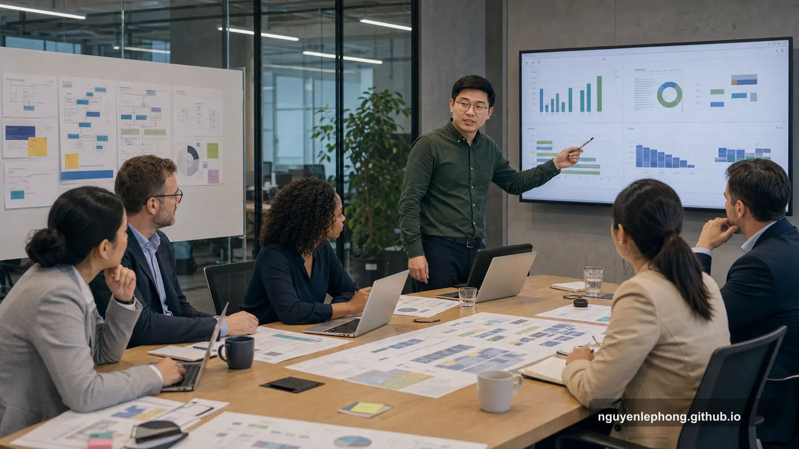 Phong đang đi qua các lớp roadmap và bối cảnh planning với stakeholder trong một phòng họp formal của big corp.