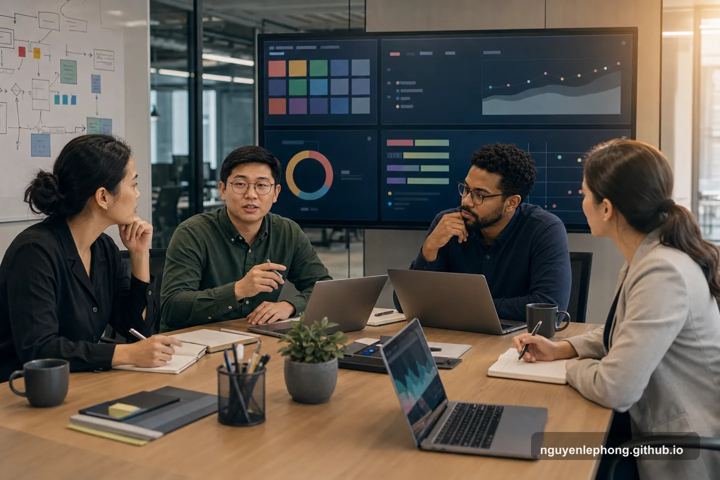 Phong cùng các teammate chuyên môn ngồi review readiness, nhìn tín hiệu rollout và dependency trước lúc deploy.
