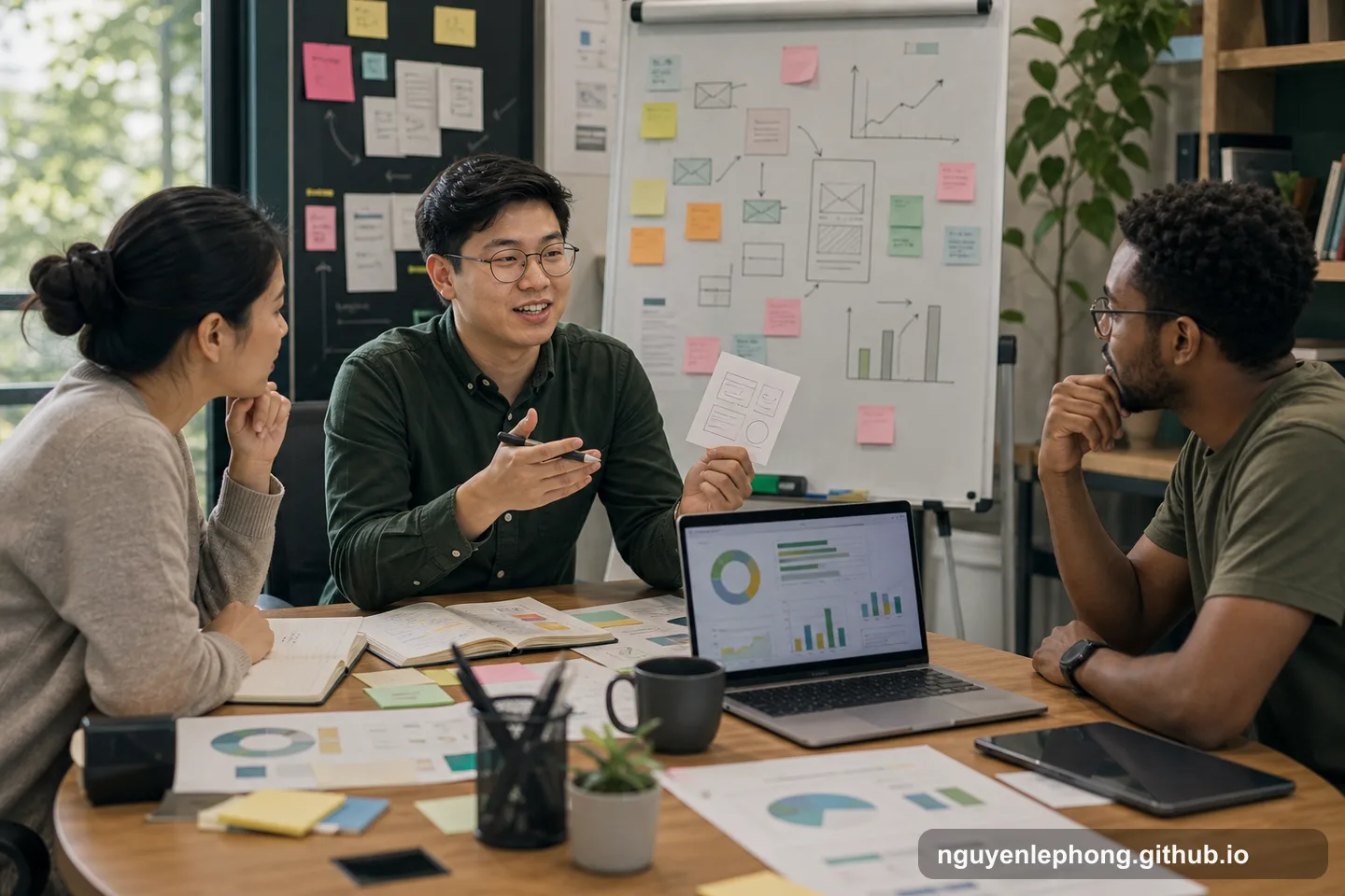 Phong turns a fuzzy startup problem into a next step while two teammates challenge the idea with notes, sketches, and rough charts on the table.
