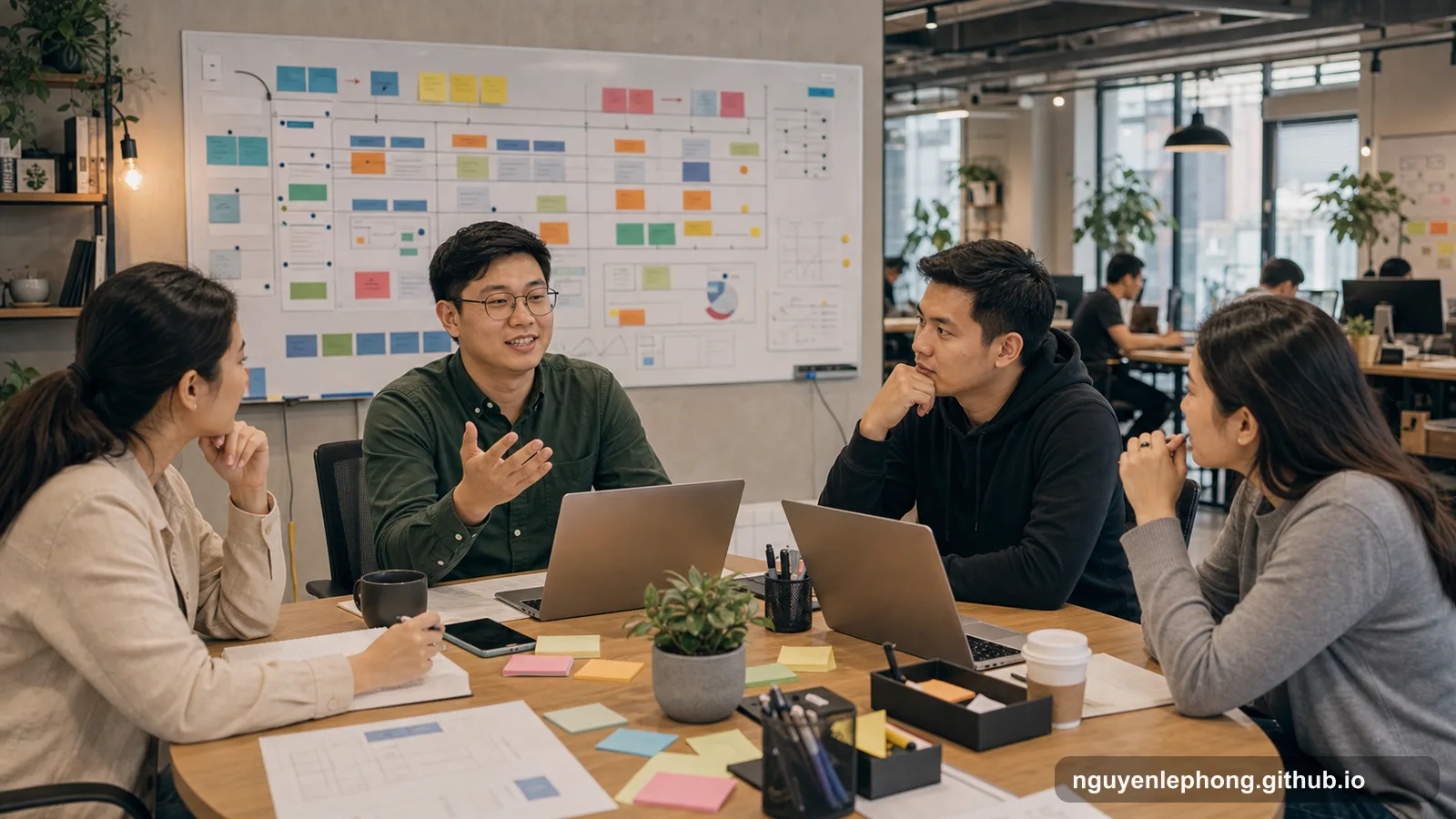 Phong leads a startup planning discussion as the team begins to outgrow pure improvisation and gathers around a larger planning wall.