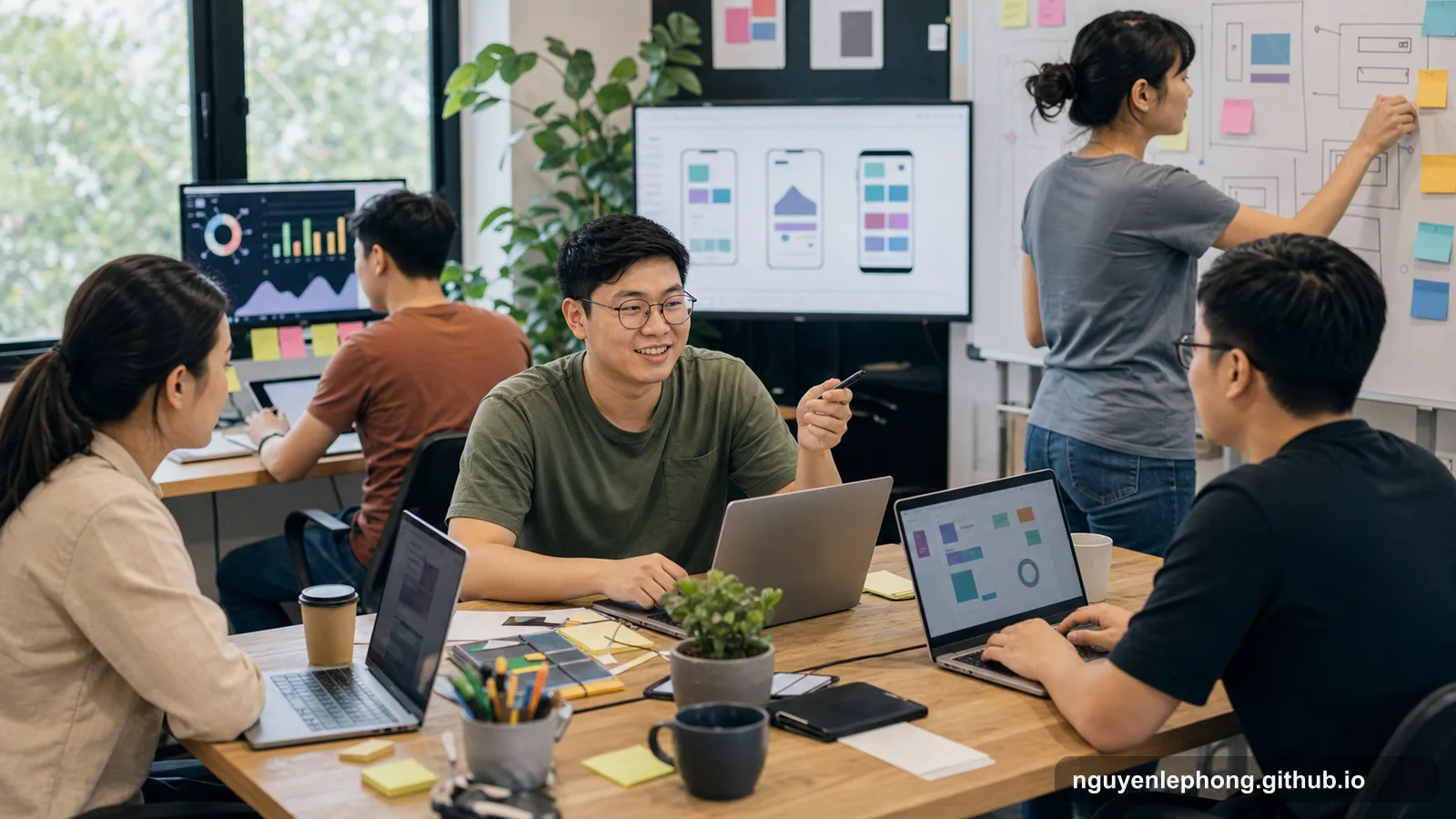 Phong coordinates with a tiny startup team around one table while product mockups, metrics, and sticky notes compete for attention.