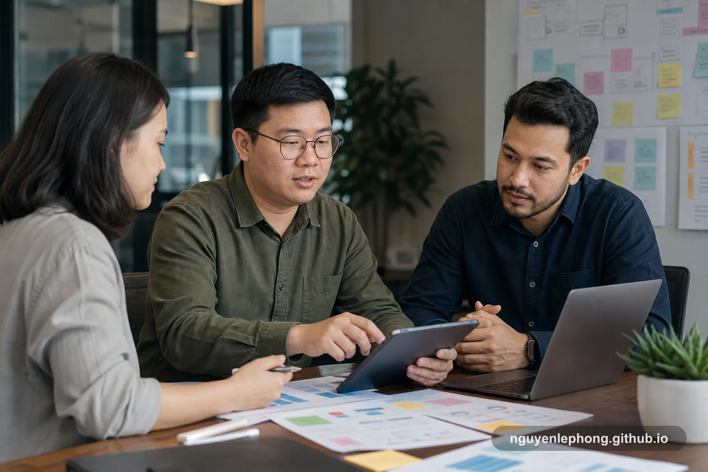 Phong đang xem một yêu cầu đổi tính năng cùng một đồng đội và một đầu mối phía client quanh chiếc tablet và các ghi chú delivery.