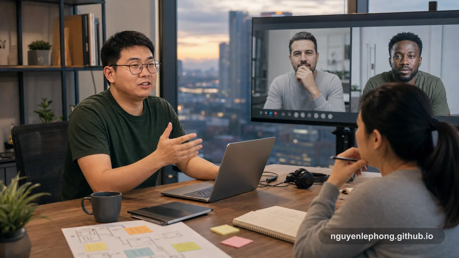 Phong dẫn một buổi sync delivery cuối ngày khi các đồng nghiệp phía client tham gia từ xa trên màn hình lớn và một đồng đội ngồi cạnh ghi chú.