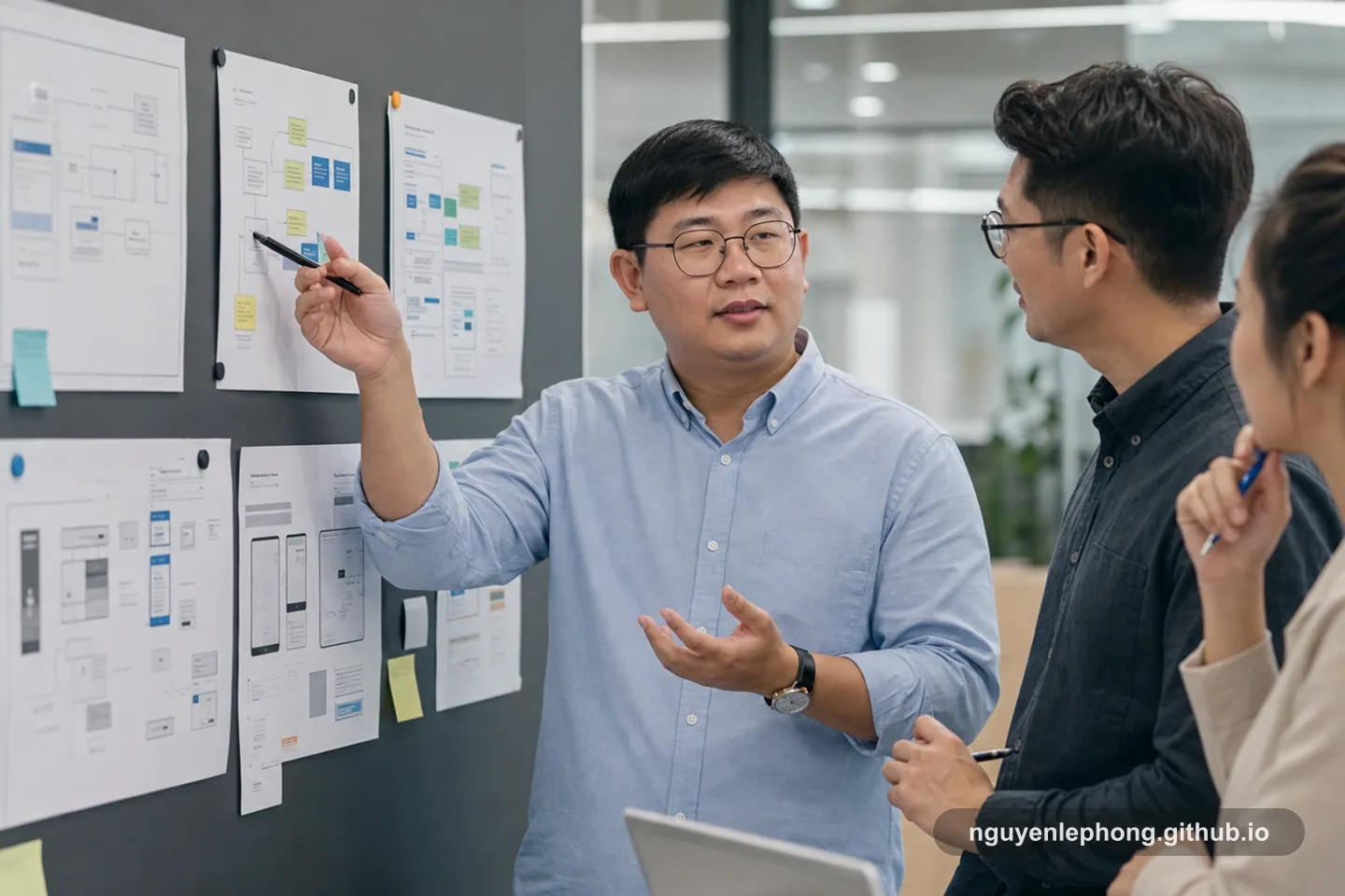 Phong đang đi qua một handover wall cùng một đồng đội và một người phía client, giải thích cấu trúc bàn giao và bước tiếp theo.
