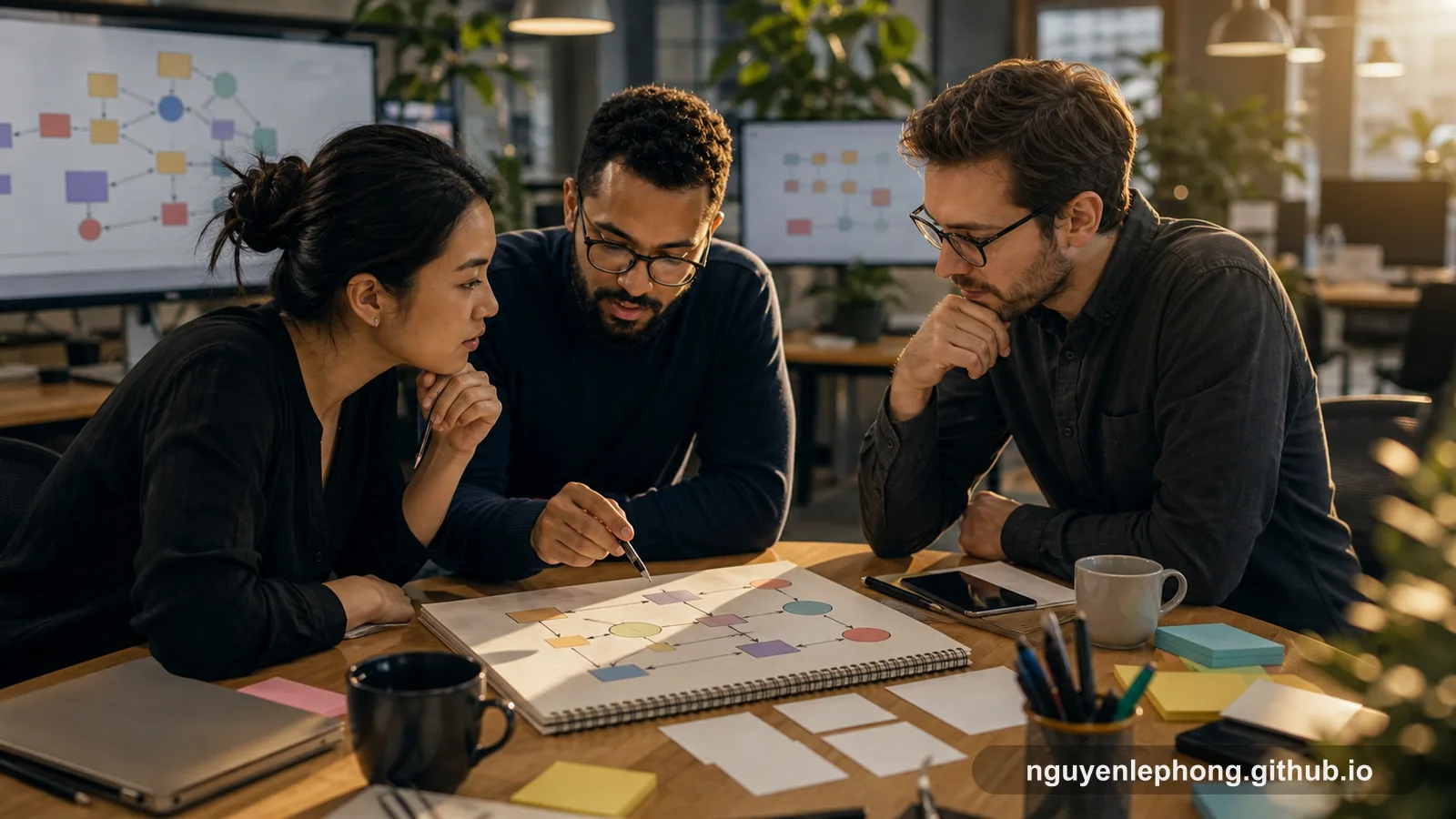 Three teammates review a branching workflow sketch with colored shapes, checking where the important edge cases could split.