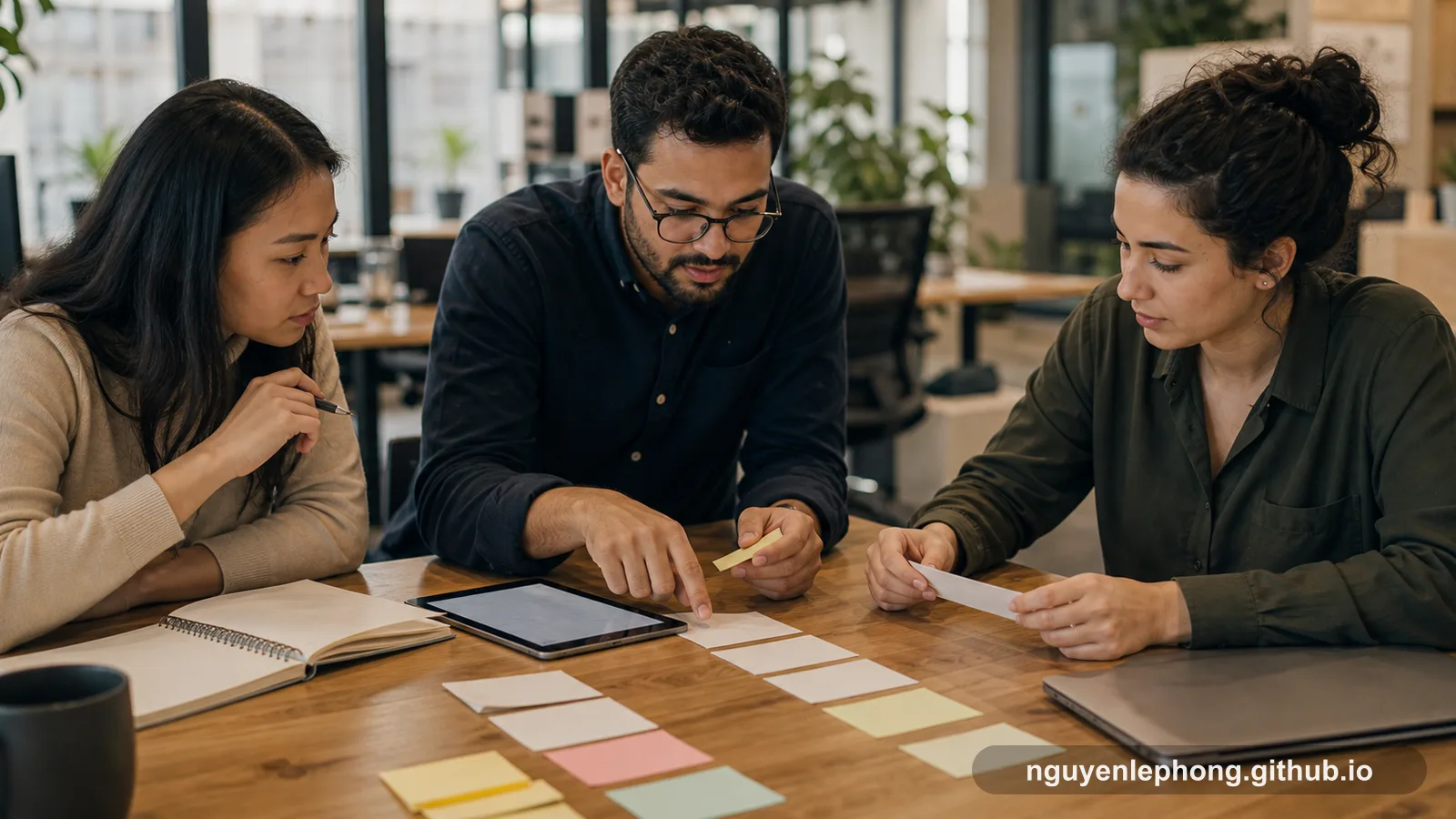 Three teammates sort blank scenario cards and sticky notes on a table, turning a vague story into concrete observable cases.