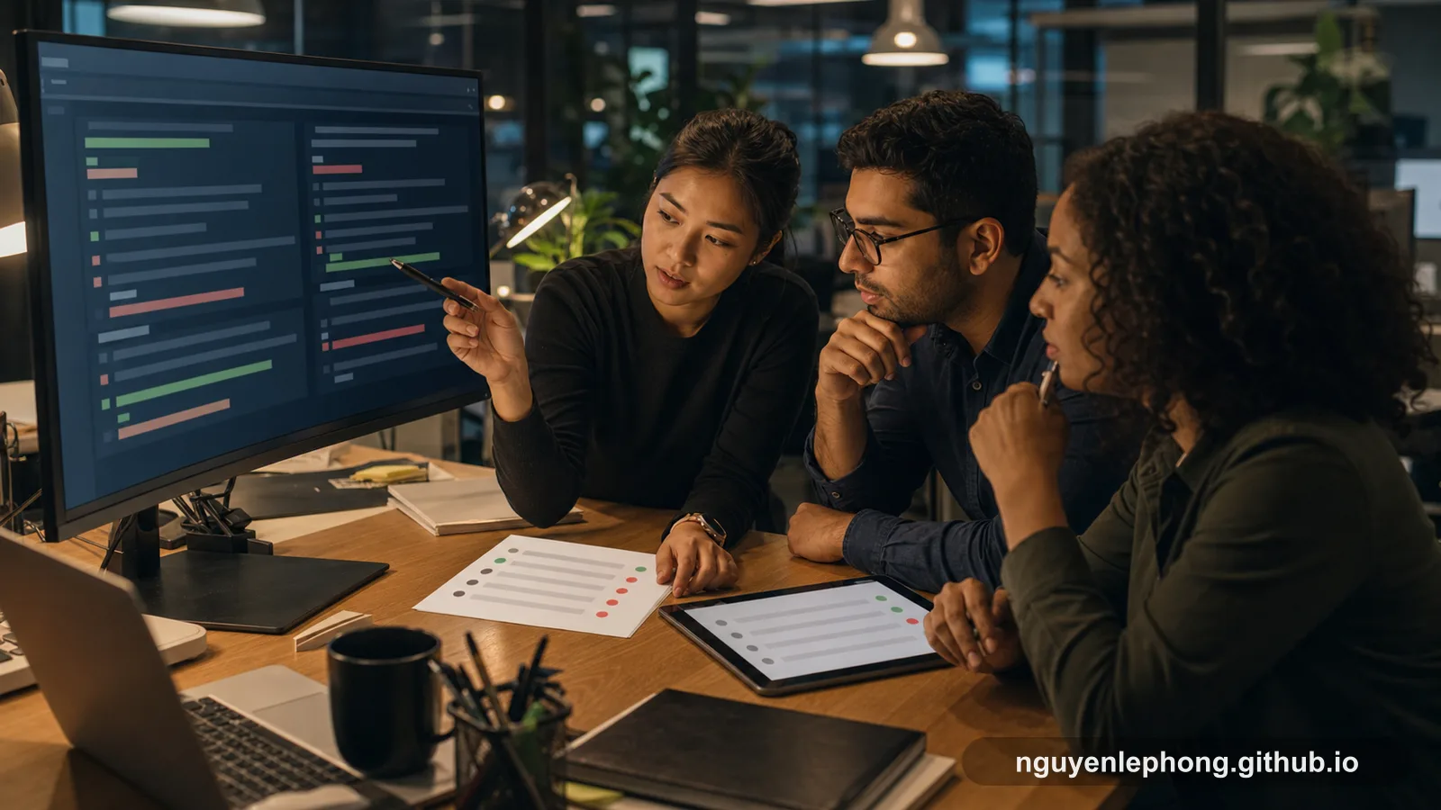 Three teammates compare a large review screen with a short list of promised behaviors on paper and a tablet during an evening scope check.
