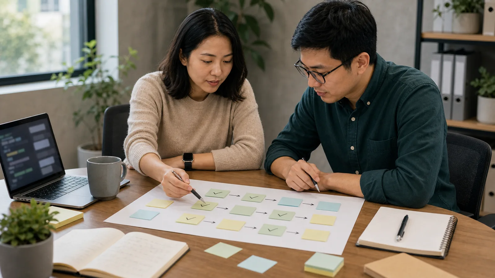 Hai teammate biến sticky notes trống thành next-step board rõ hơn với mũi tên và dấu check đơn giản.