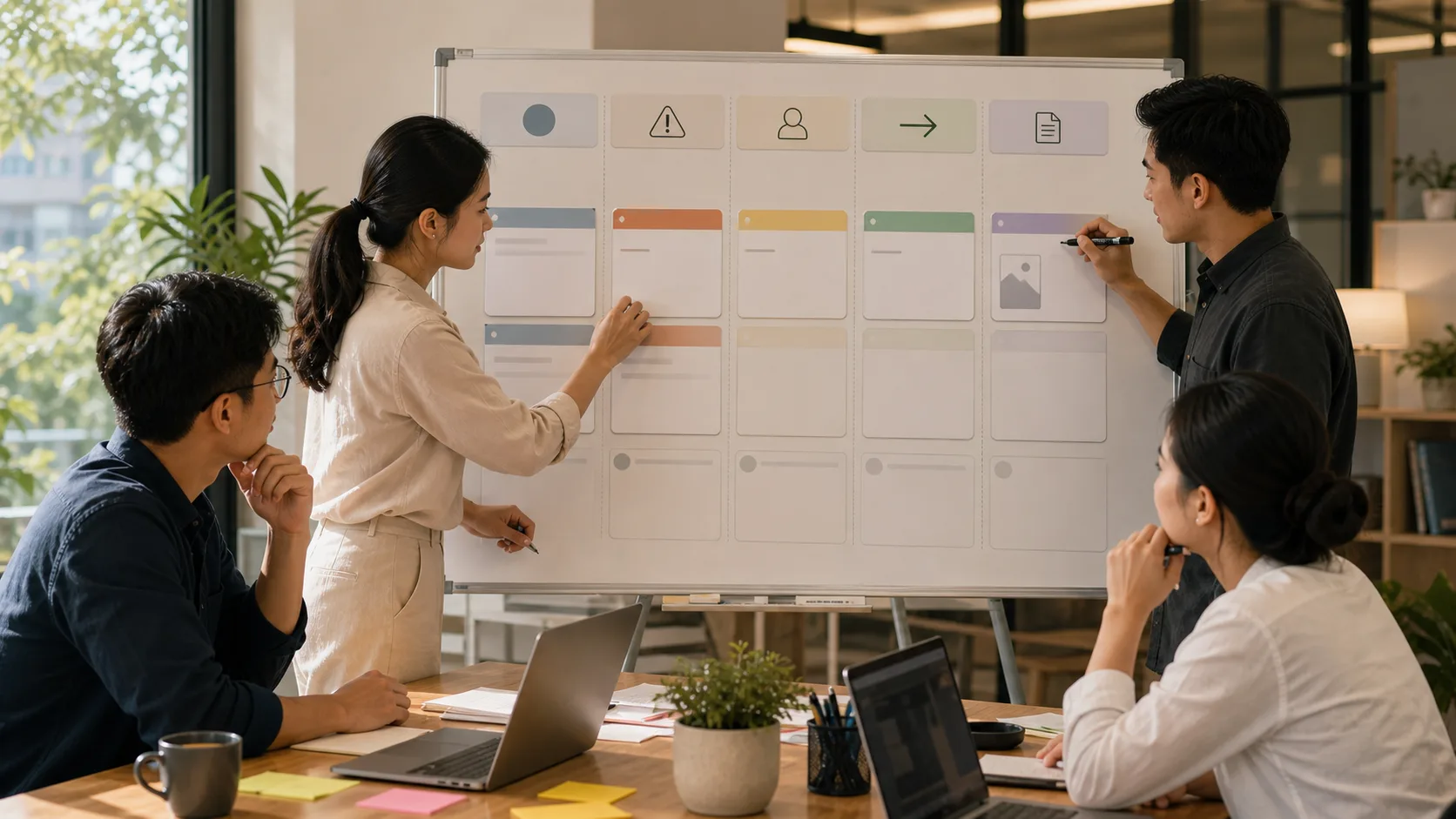 A team reviews a structured board of blank status cards with simple icons for blocker, owner, next action, and evidence.