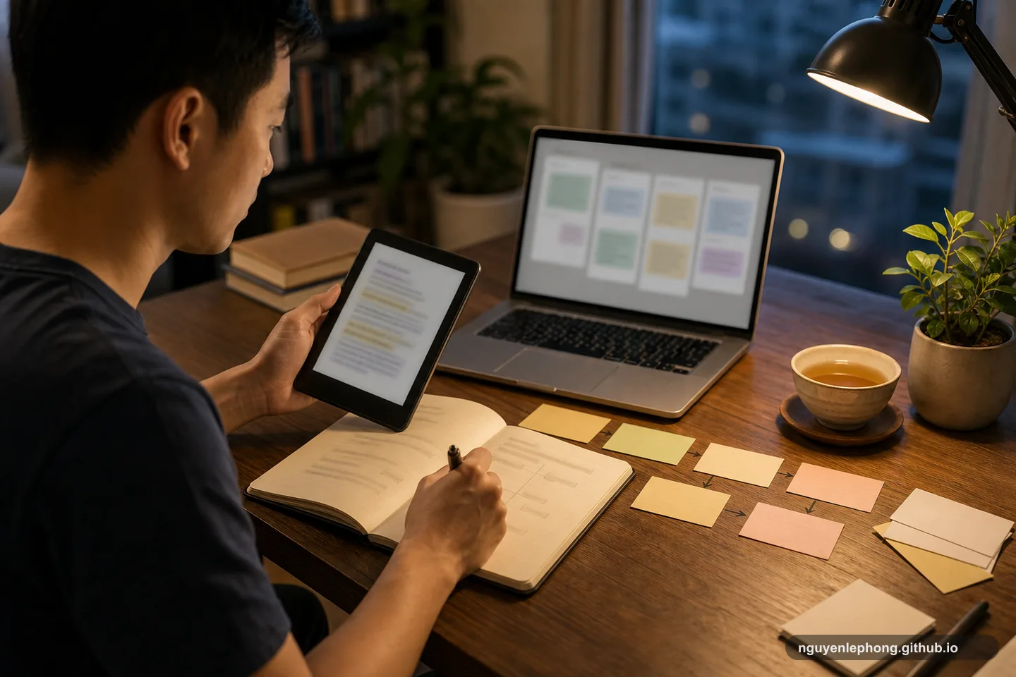 Máy đọc sách, laptop mở ghi chú mờ và các thẻ ôn tập trống tạo thành một workflow highlight-to-review yên tĩnh trên bàn.