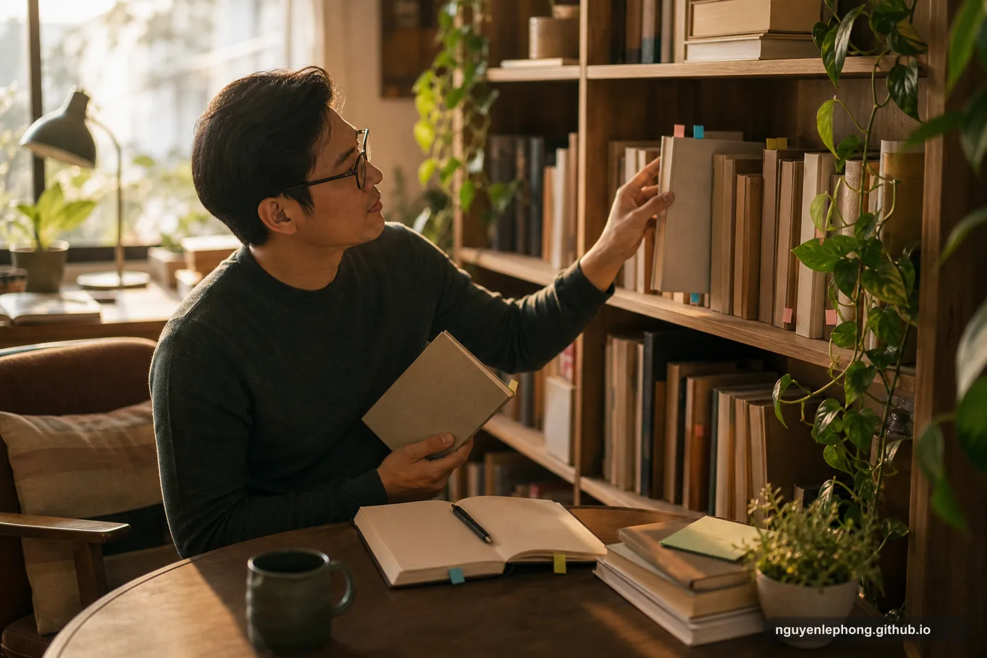 Một người đọc chọn cuốn sách bìa trơn từ kệ sách ấm, cạnh cây xanh, giấy đánh dấu và sổ tay mở.