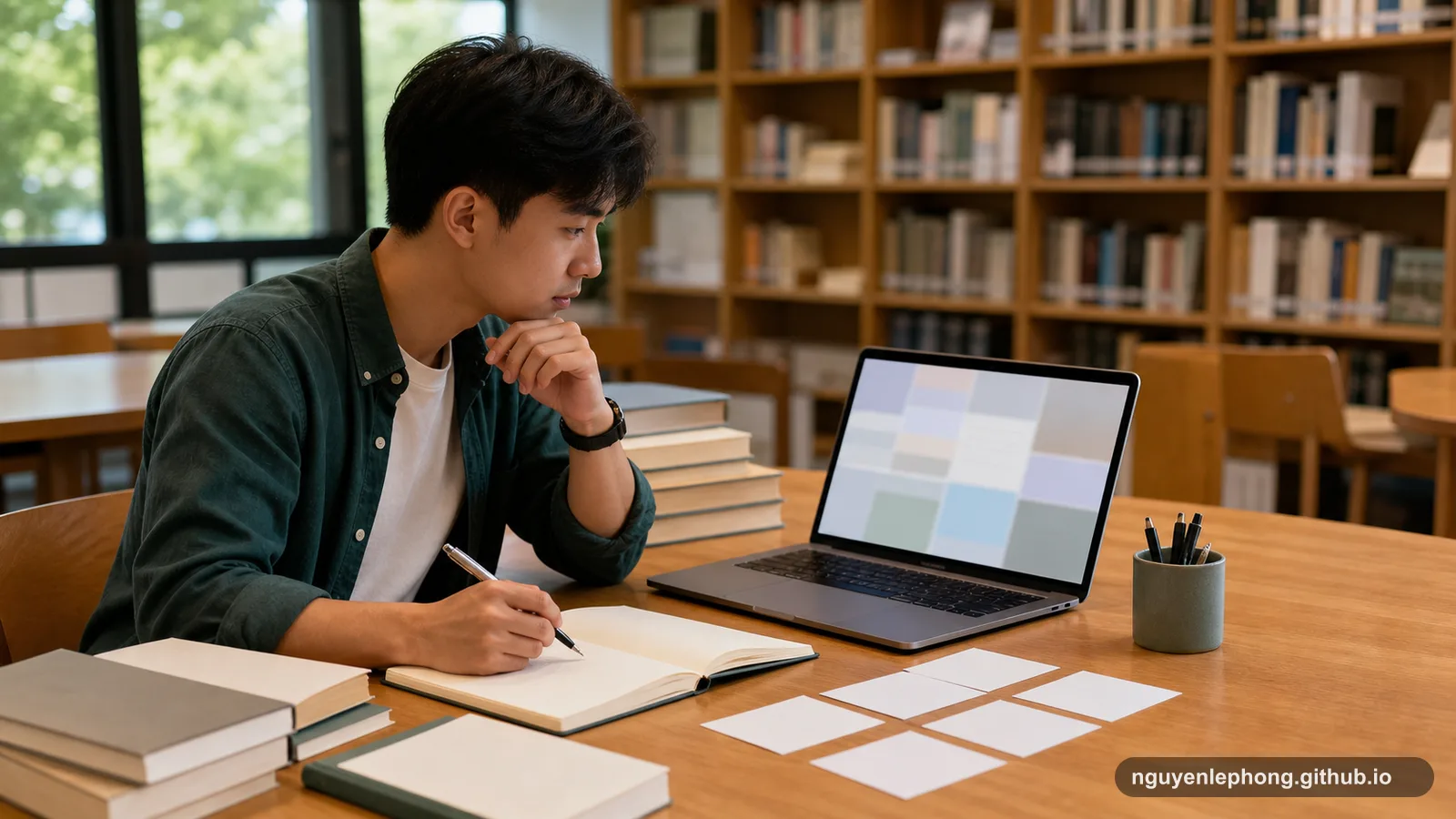 Một người Việt Nam làm việc ở bàn thư viện với sách, laptop và các ghi chú trống trong tầm tay.