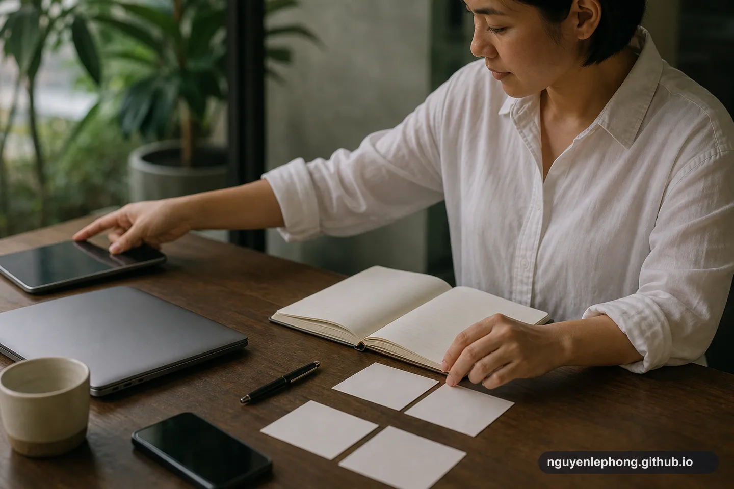 A Vietnamese professional moves a tablet aside while arranging blank cards and an open notebook on a quiet desk.