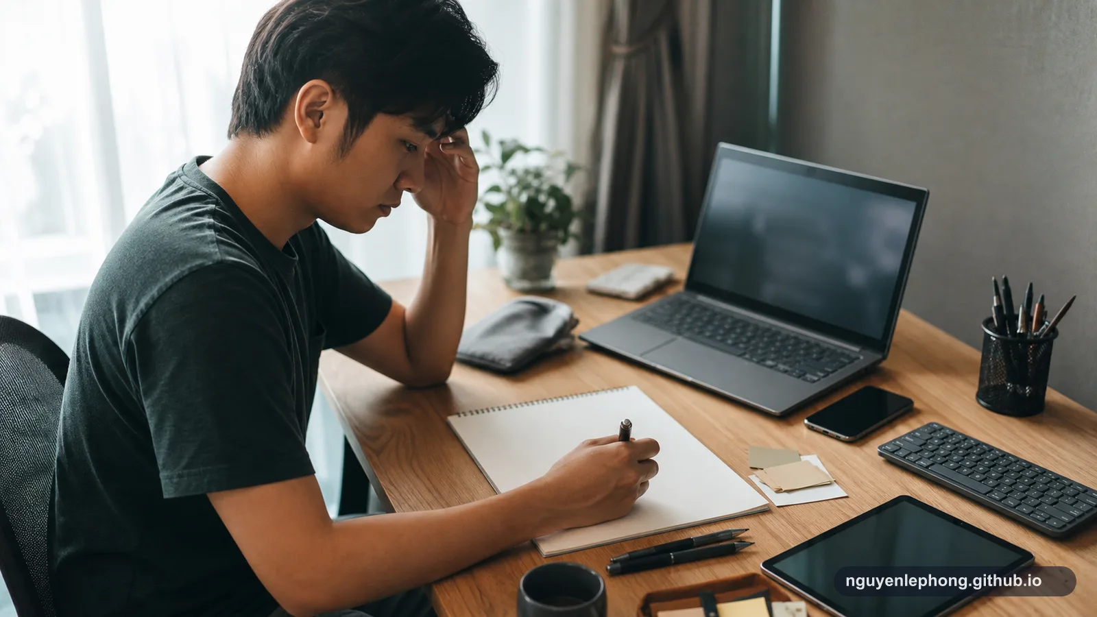 A Vietnamese professional pauses at a desk with a blank notebook, laptop, keyboard, tablet, and phone around him.