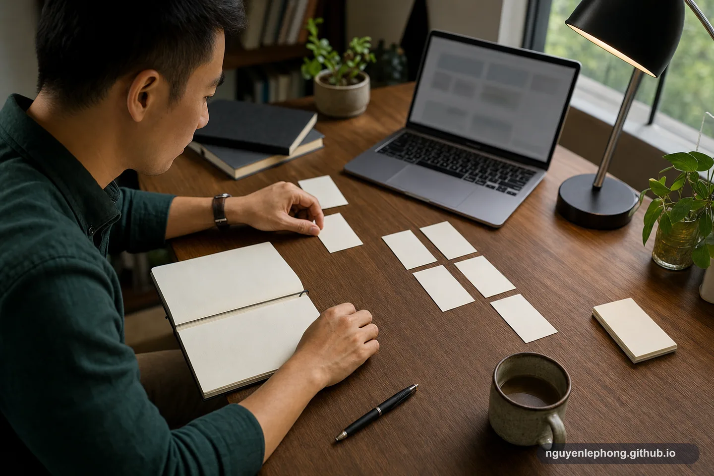 A Vietnamese professional arranges blank cards beside an open notebook, leaving one visible gap where the next sentence still needs to connect.