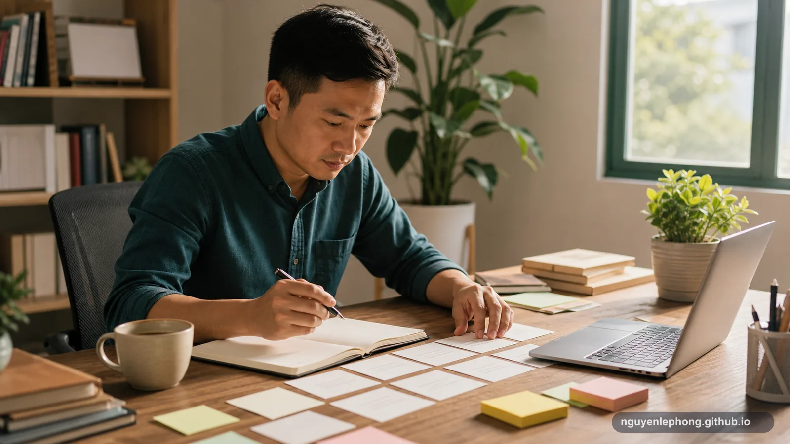 A Vietnamese professional works at a quiet desk, turning blank notes and an open notebook into a clearer order of thought.
