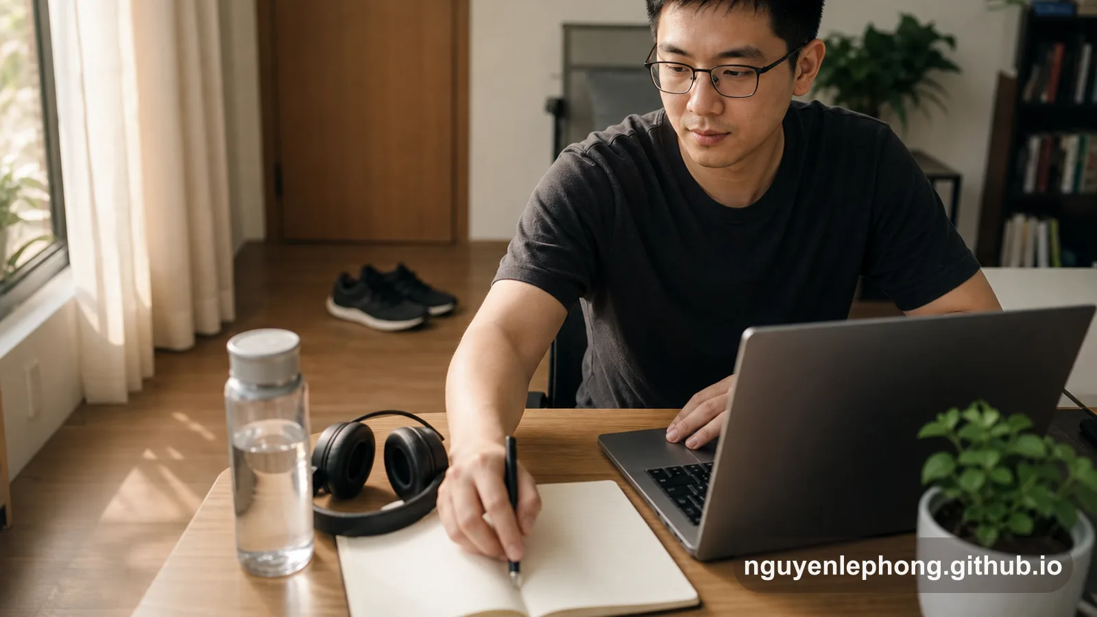 Nguyen Le Phong ngồi ở bàn với bình nước, tai nghe, sổ mở sẵn và laptop đã sẵn sàng, làm bước bắt đầu cho buổi học trở nên nhẹ hơn.