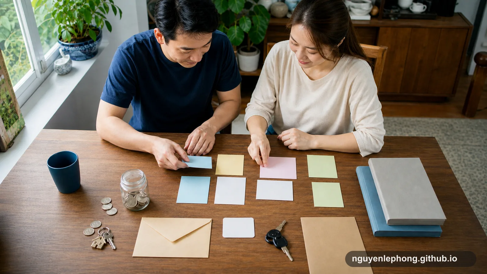 A Vietnamese couple arranges blank cards, keys, coins, and folders on a table to make household risks and buffers visible.