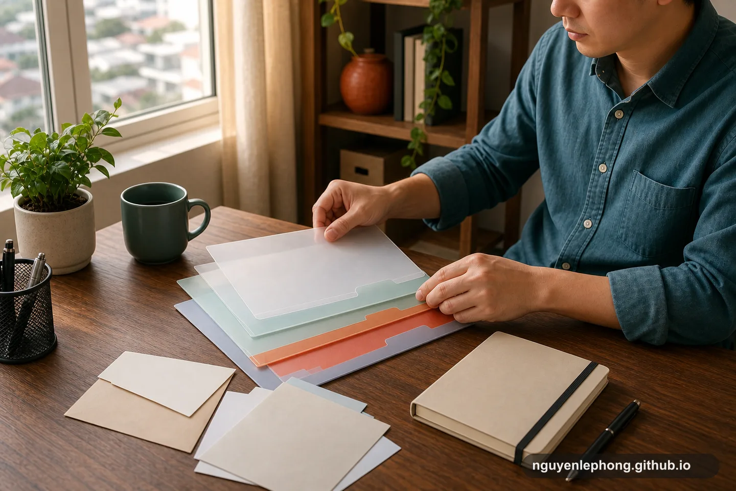 A Vietnamese professional arranges blank translucent folders and envelopes into practical protection layers at a home desk.