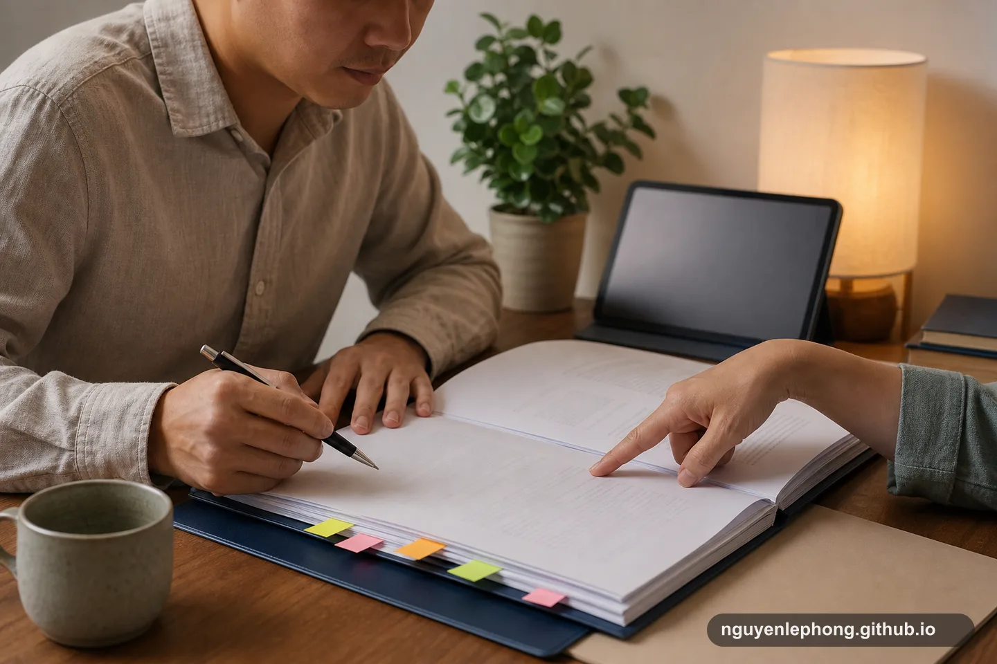A Vietnamese adult reviews a blank policy packet with sticky flags while another person points to the details.