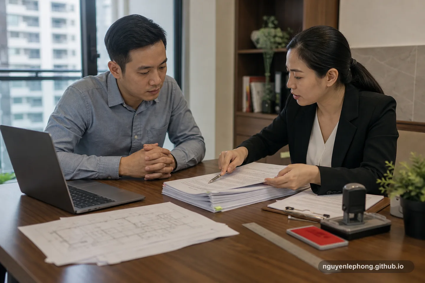 Người mua nhà và cố vấn pháp lý cùng rà lại hợp đồng bất động sản dày và hồ sơ ranh giới trước khi ký.