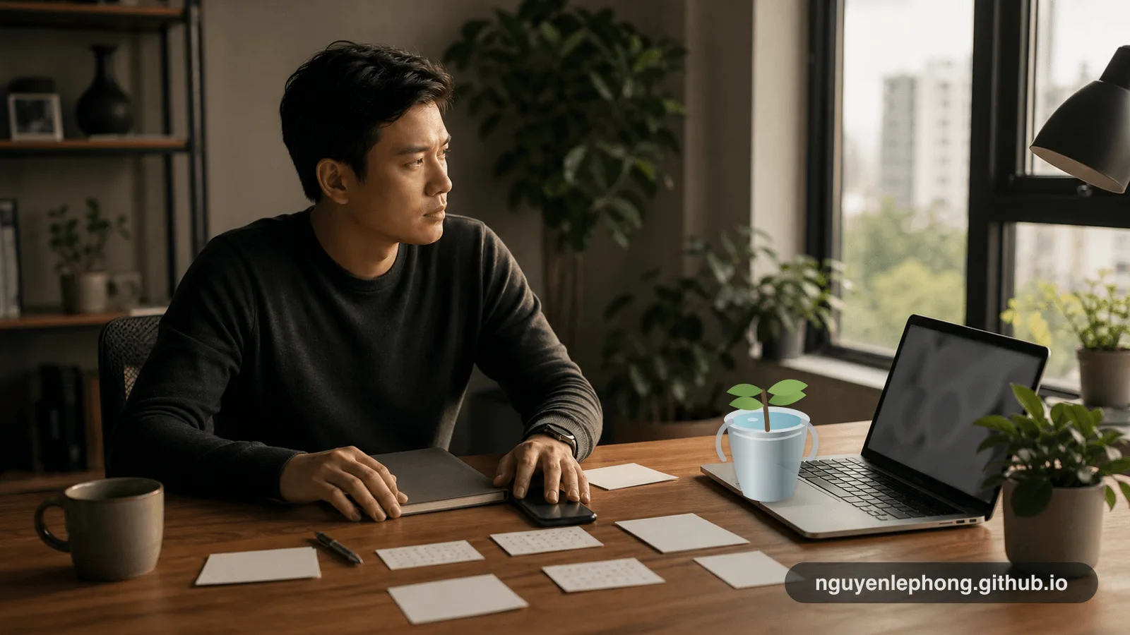 A Vietnamese professional sits at a warm desk beside a small bucket of clear water and a young tree in soft morning light.