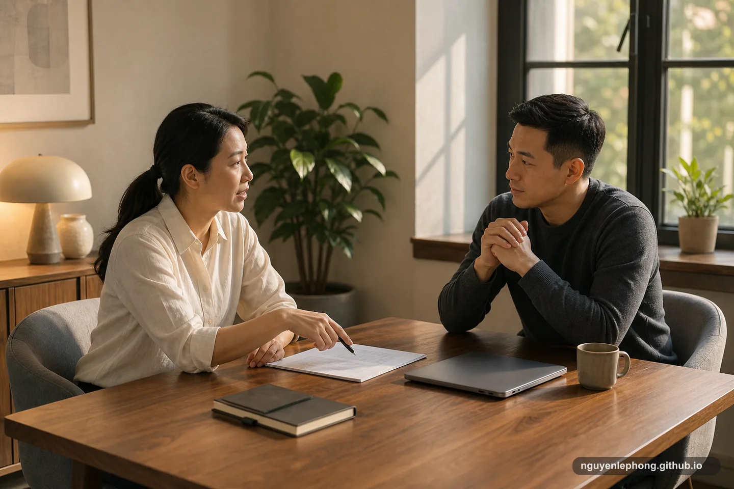 Hai người ngồi đối diện trong một cuộc trò chuyện yên tĩnh, làm rõ ranh giới mà vẫn giữ thể diện cho nhau.