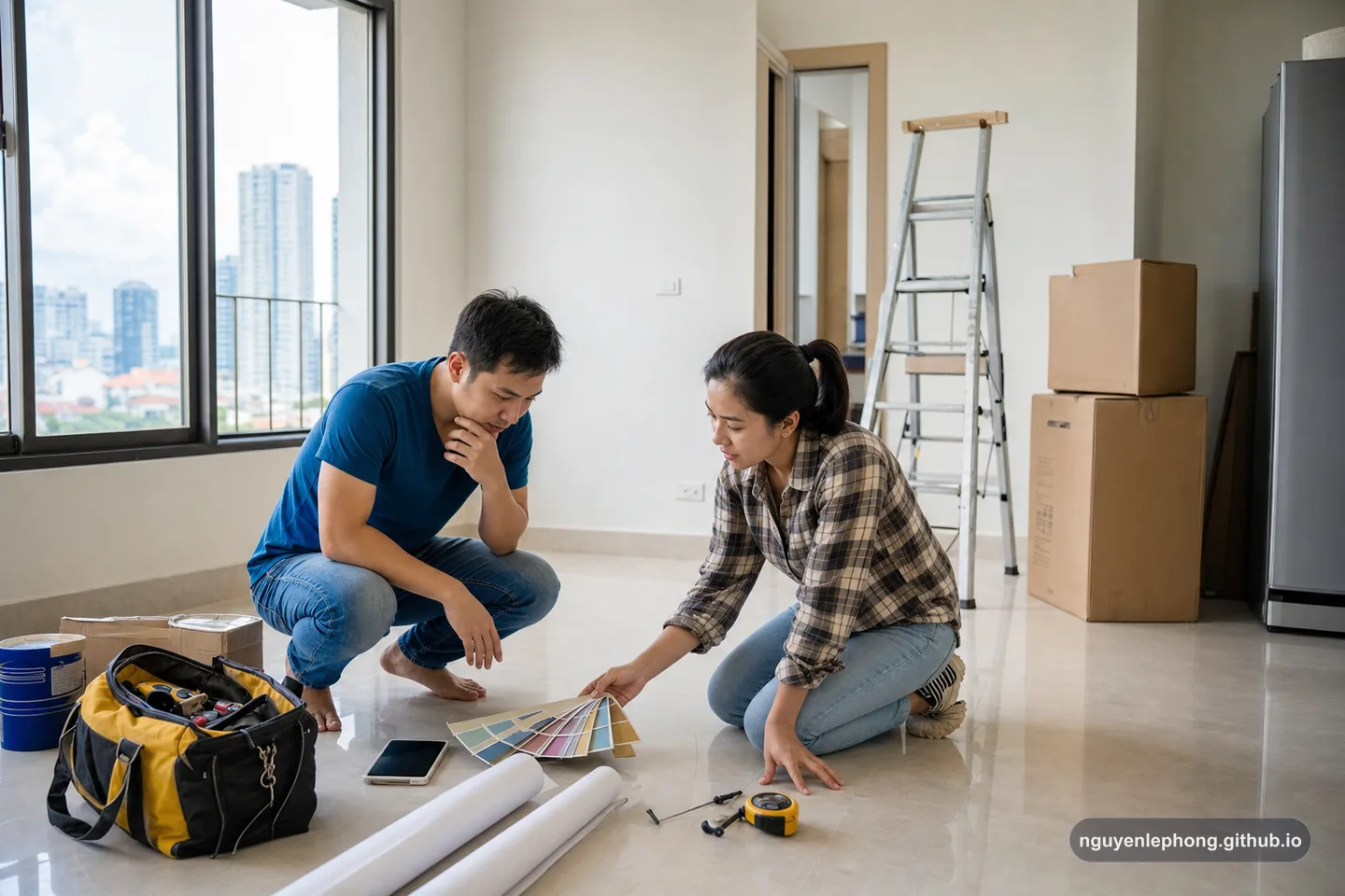 A Vietnamese homeowner and contractor compare paint samples and repair priorities inside an unfurnished apartment before moving in.
