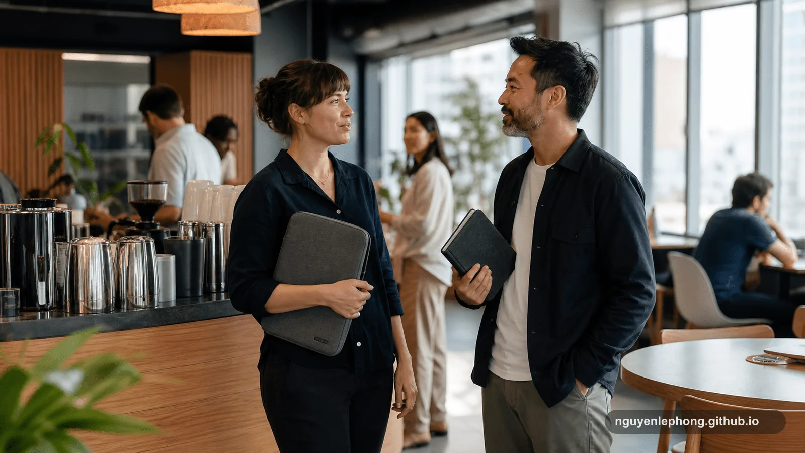 Two professionals begin an unplanned conversation beside a workplace coffee counter, holding a laptop sleeve and a notebook.