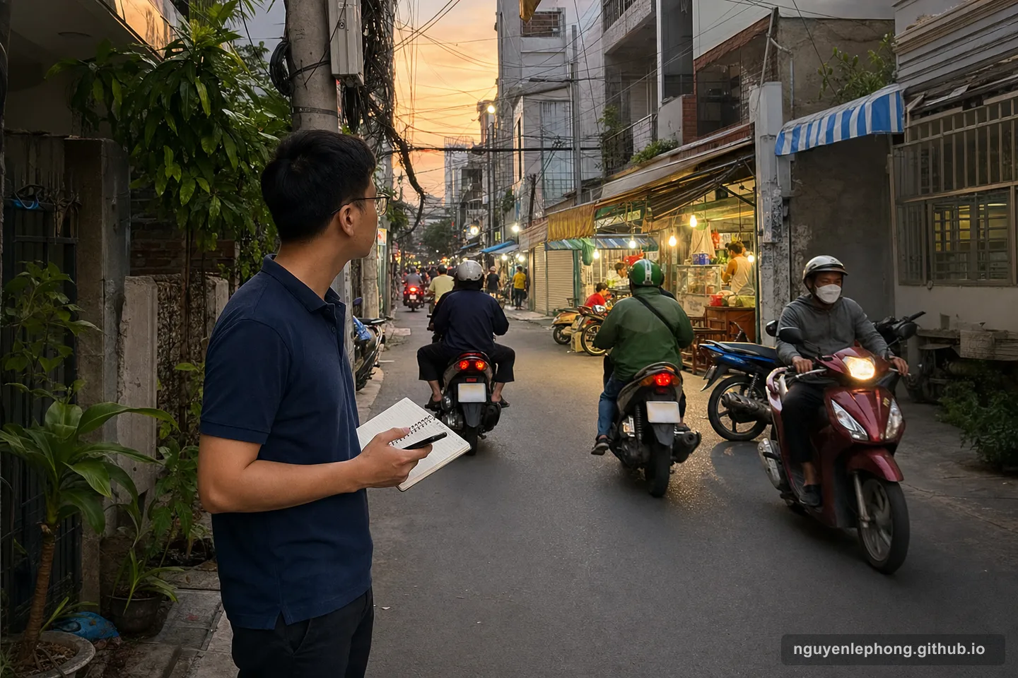 A buyer observes evening traffic and alley access in a residential neighborhood before choosing a home.