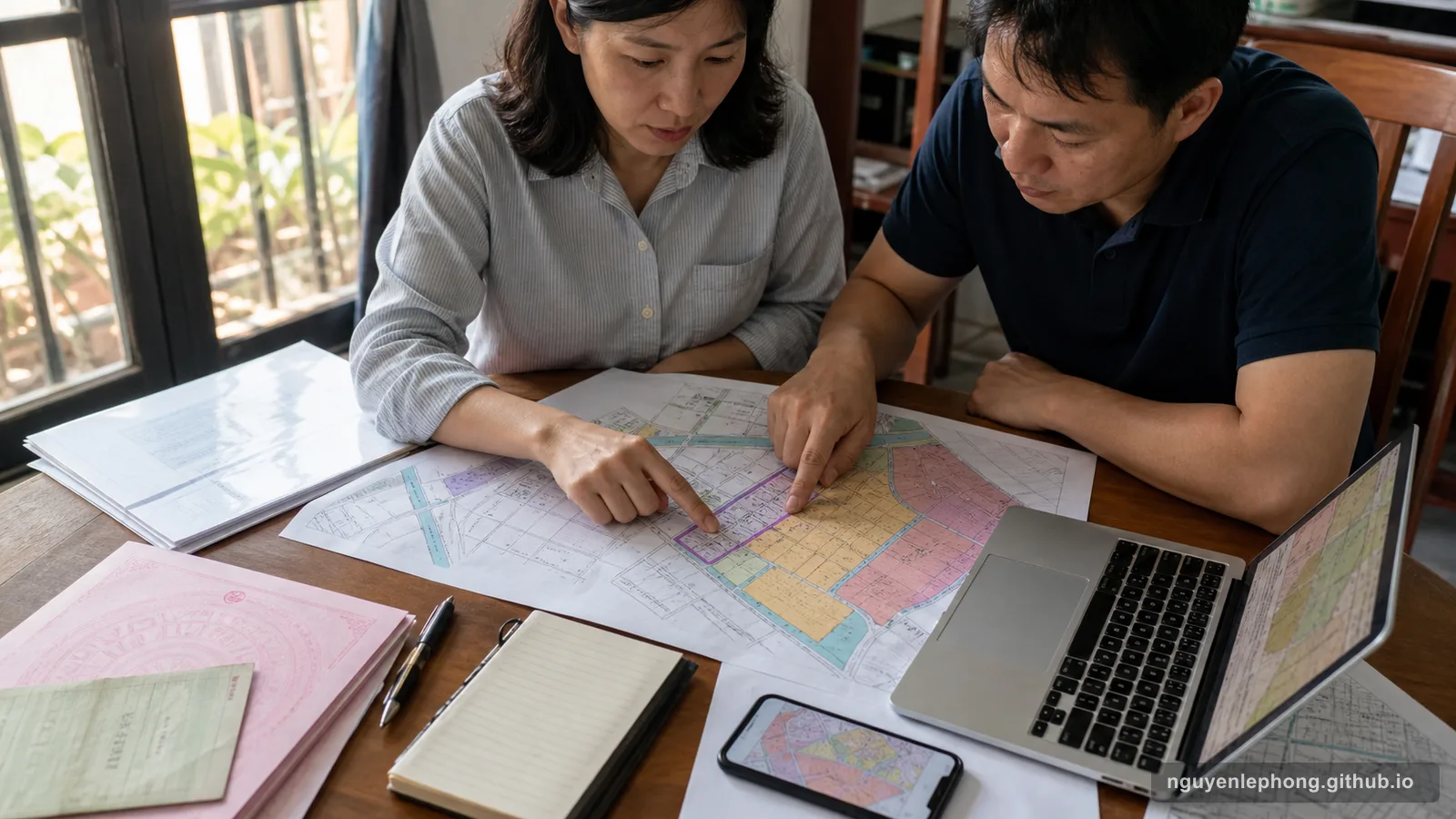 Two home buyers compare planning maps and property documents before deciding where to buy.