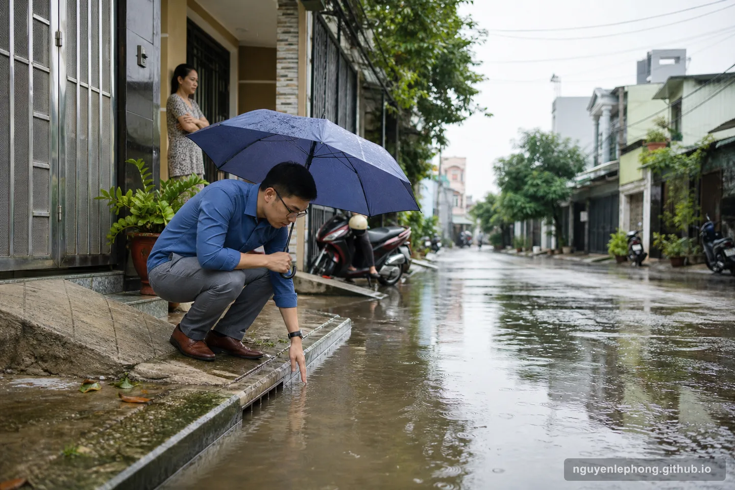 A buyer checks curb drainage and shallow standing water on a residential street after rain.