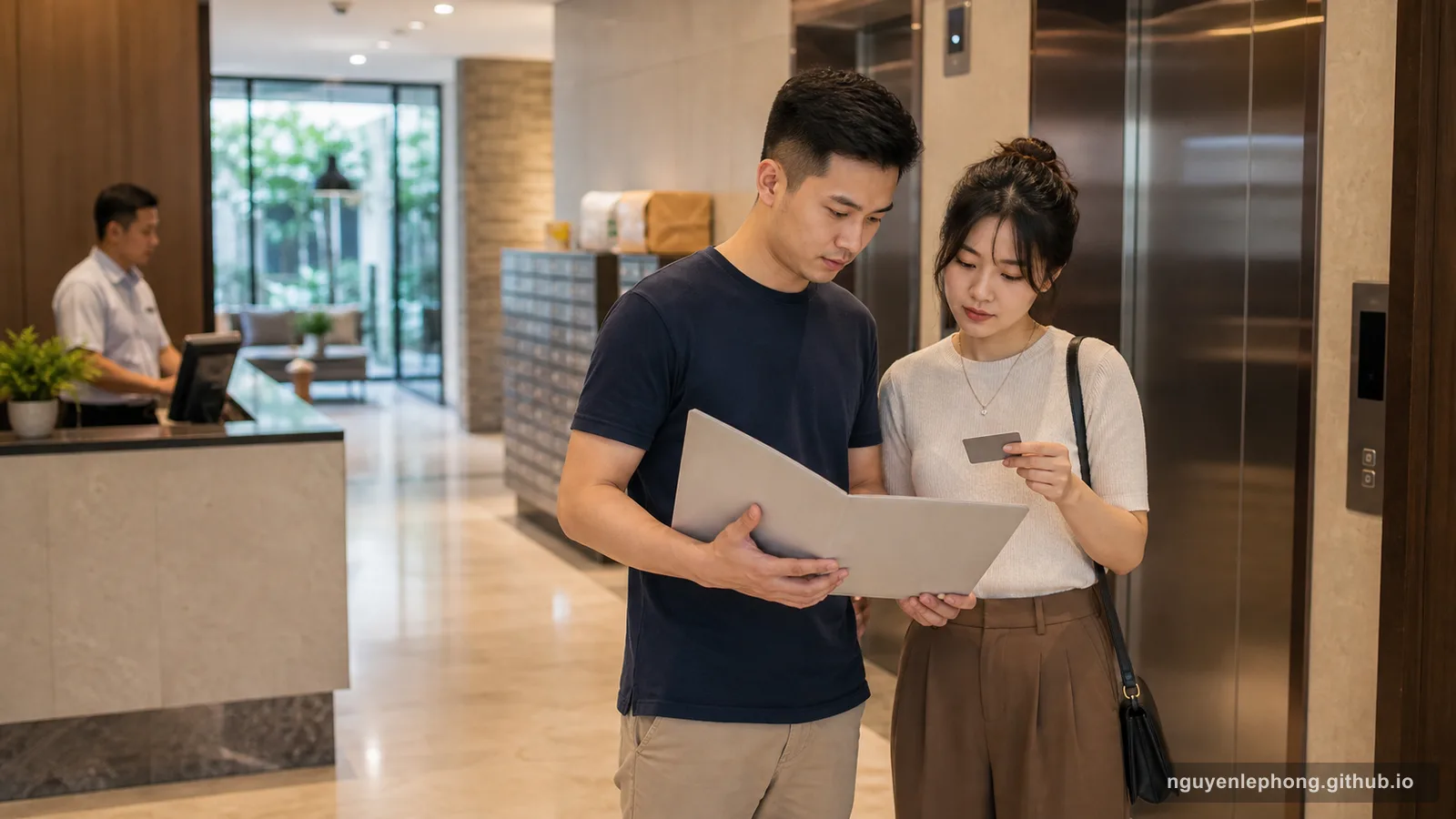 A Vietnamese couple reviews an apartment management folder and access card near the elevator, weighing convenience against shared building rules.