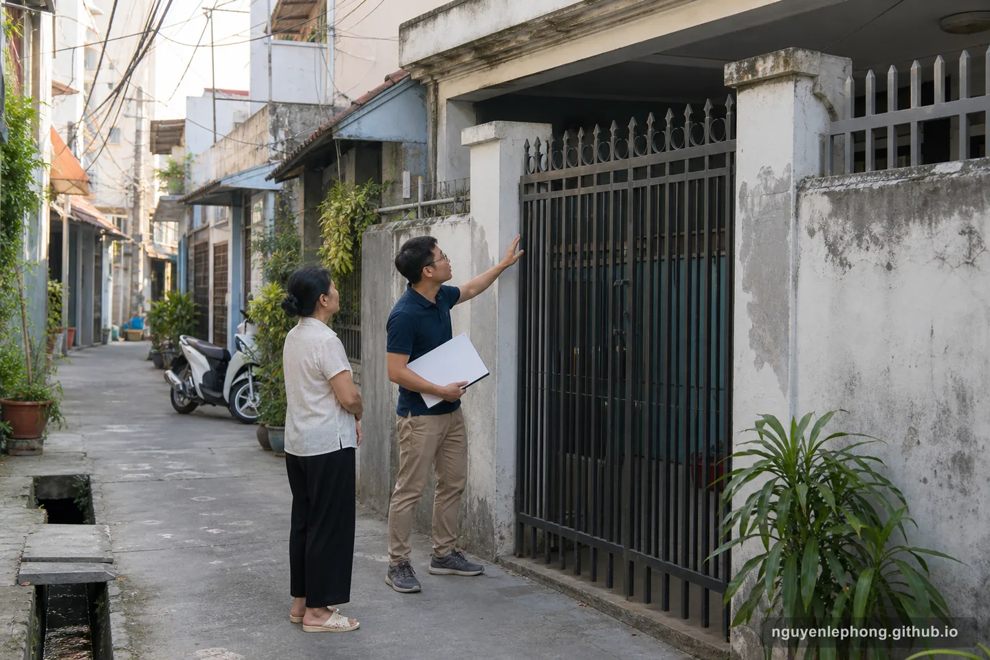 A Vietnamese buyer checks the gate, wall condition, drainage edge, and alley access of a landed house before deciding.