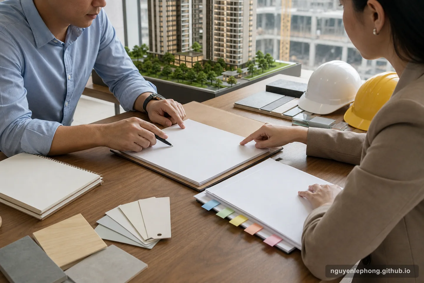 A buyer and advisor review blank project documents beside a scale model, focusing on legal readiness and delivery risk.