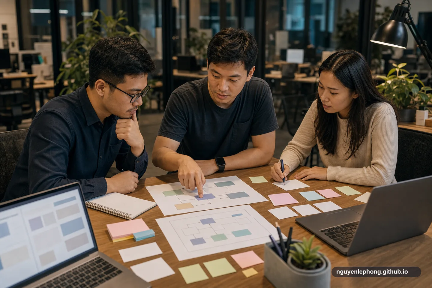 Ba đồng đội Việt Nam xem lại các thẻ trống và sơ đồ kiến trúc trừu tượng quanh bàn trước khi bối cảnh bị thất lạc.
