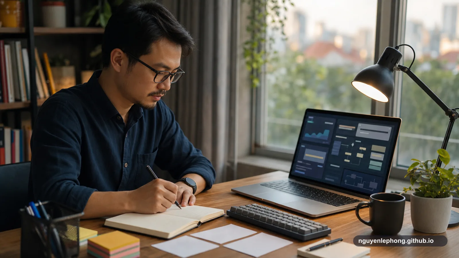 Một kỹ sư phần mềm Việt Nam viết ý định vào sổ tay cạnh laptop hiển thị các khối làm việc trừu tượng của AI.