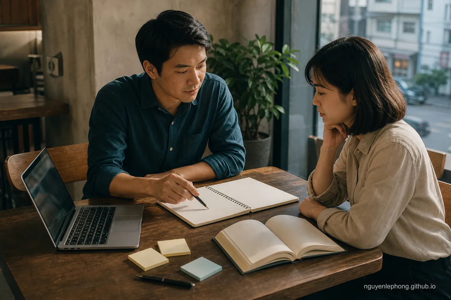 Two Vietnamese professionals discuss a project beside an open book, blank notes, and a laptop with no readable screen content.
