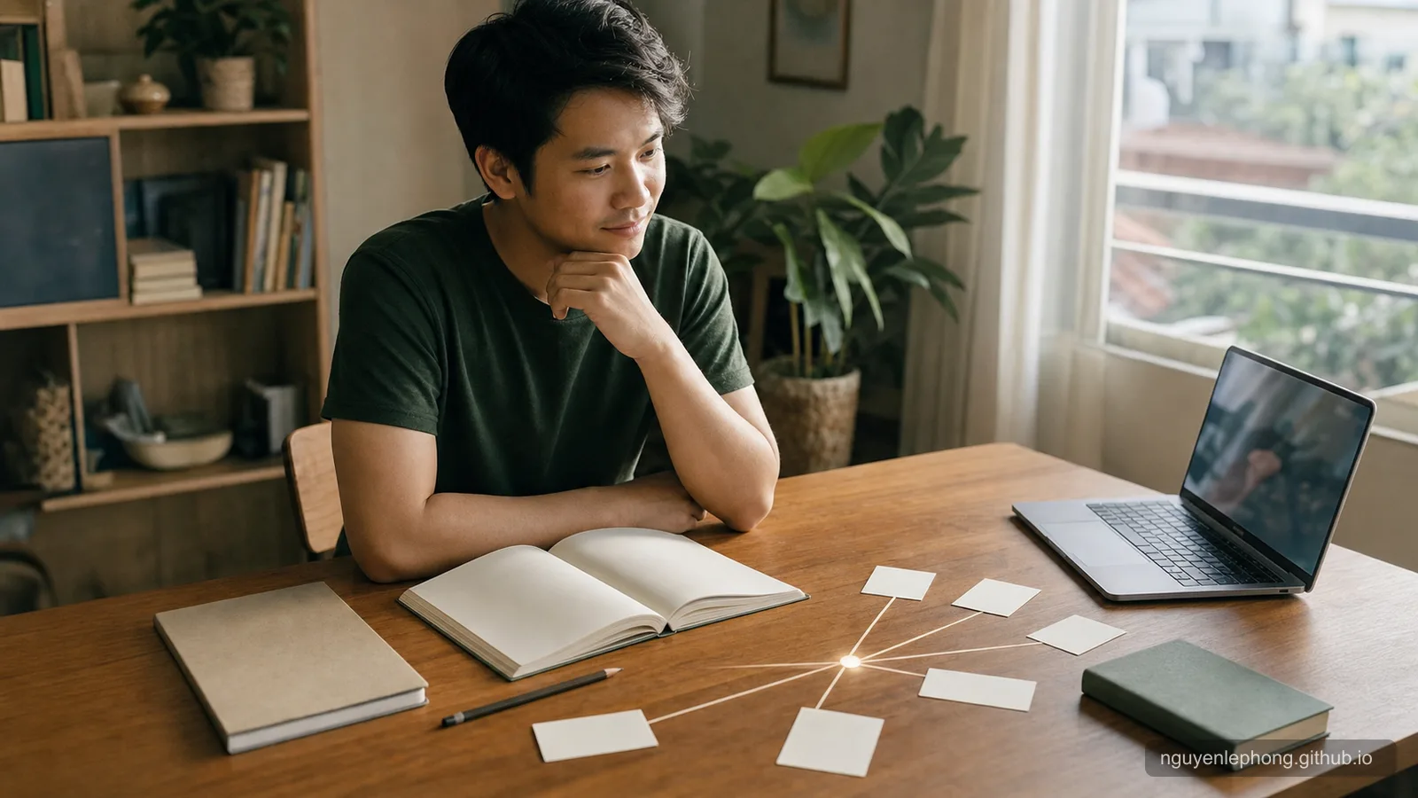 A Vietnamese adult pauses at a study desk with an open book, blank notes, a laptop, and cards arranged like several paths toward the same idea.