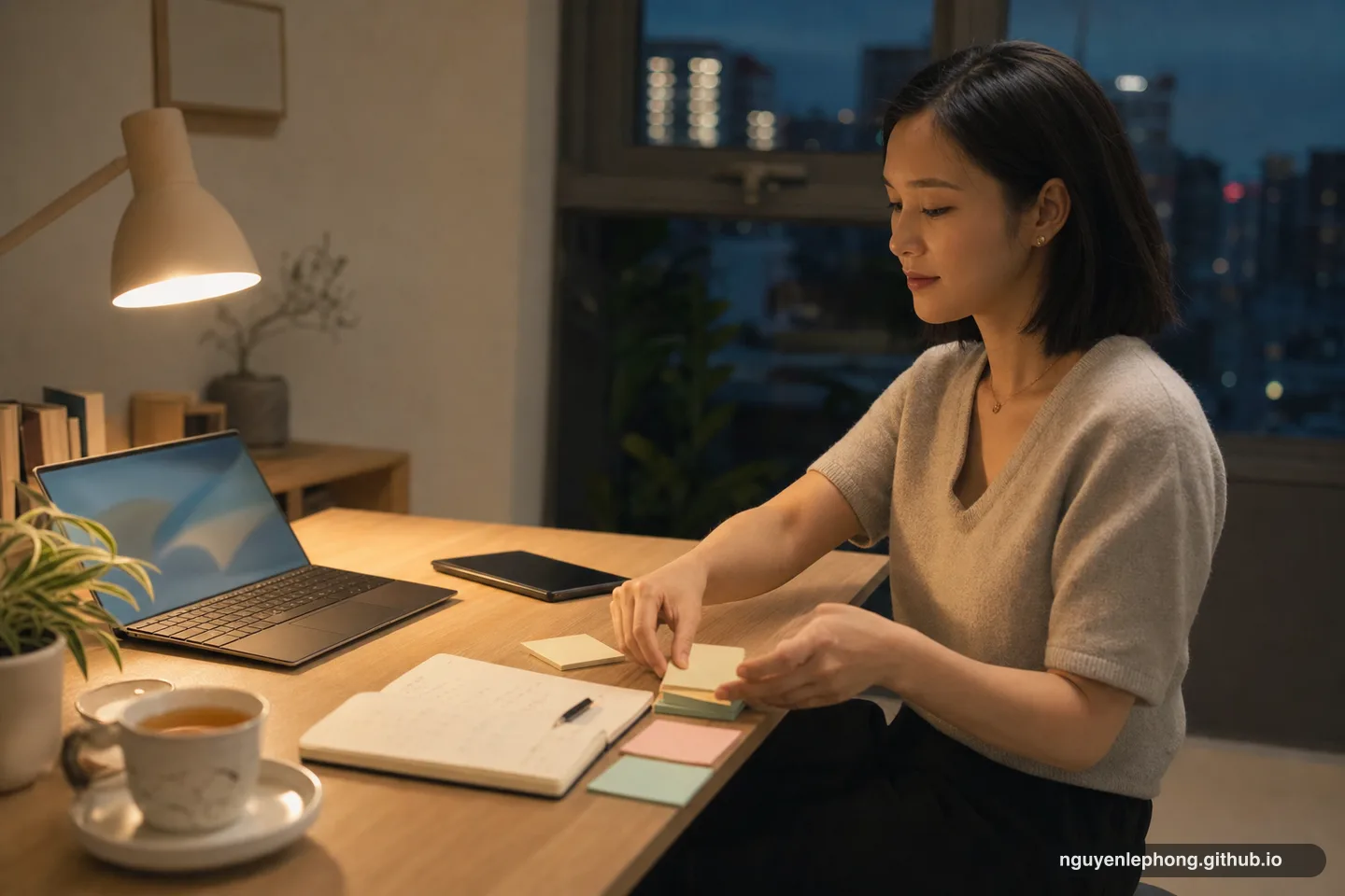 A Vietnamese professional clears a quiet evening desk with a face-down phone, notebook, tea, and a partly closed laptop.