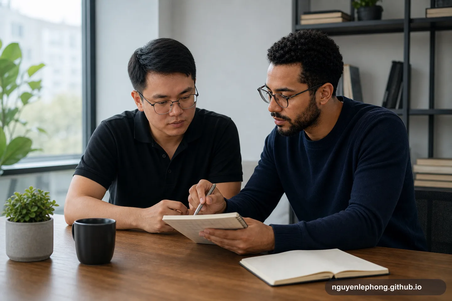 Two colleagues review notes side by side in a calm one-on-one, turning feedback into something specific and usable.