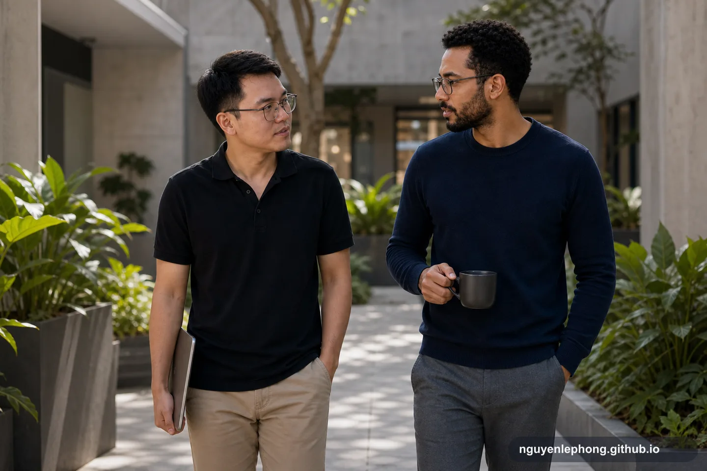 Two colleagues walk through a quiet courtyard after a tense discussion, letting the relationship stay larger than the need to win.