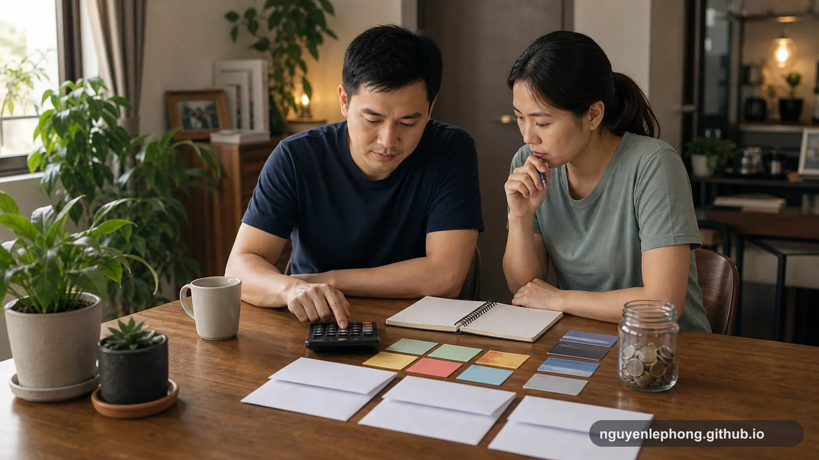 A couple review cash flow notes, envelopes, cards, and savings jars together at a wooden table before making any investment decision.