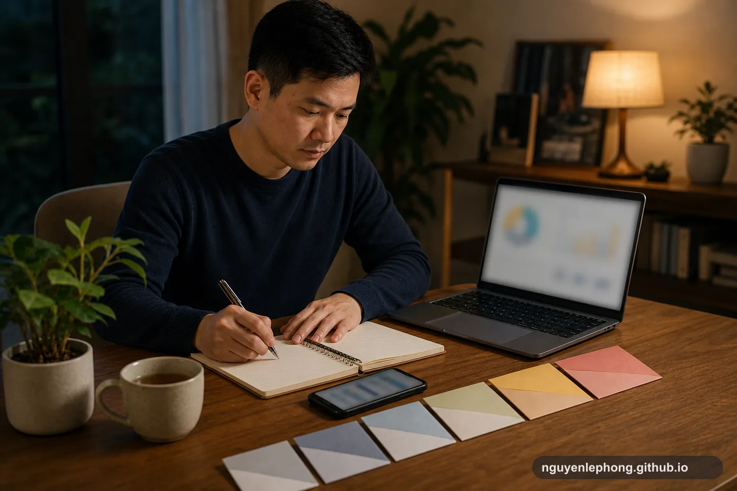 A patient investor writes a contribution plan beside a laptop and monthly budget cards during an evening review.