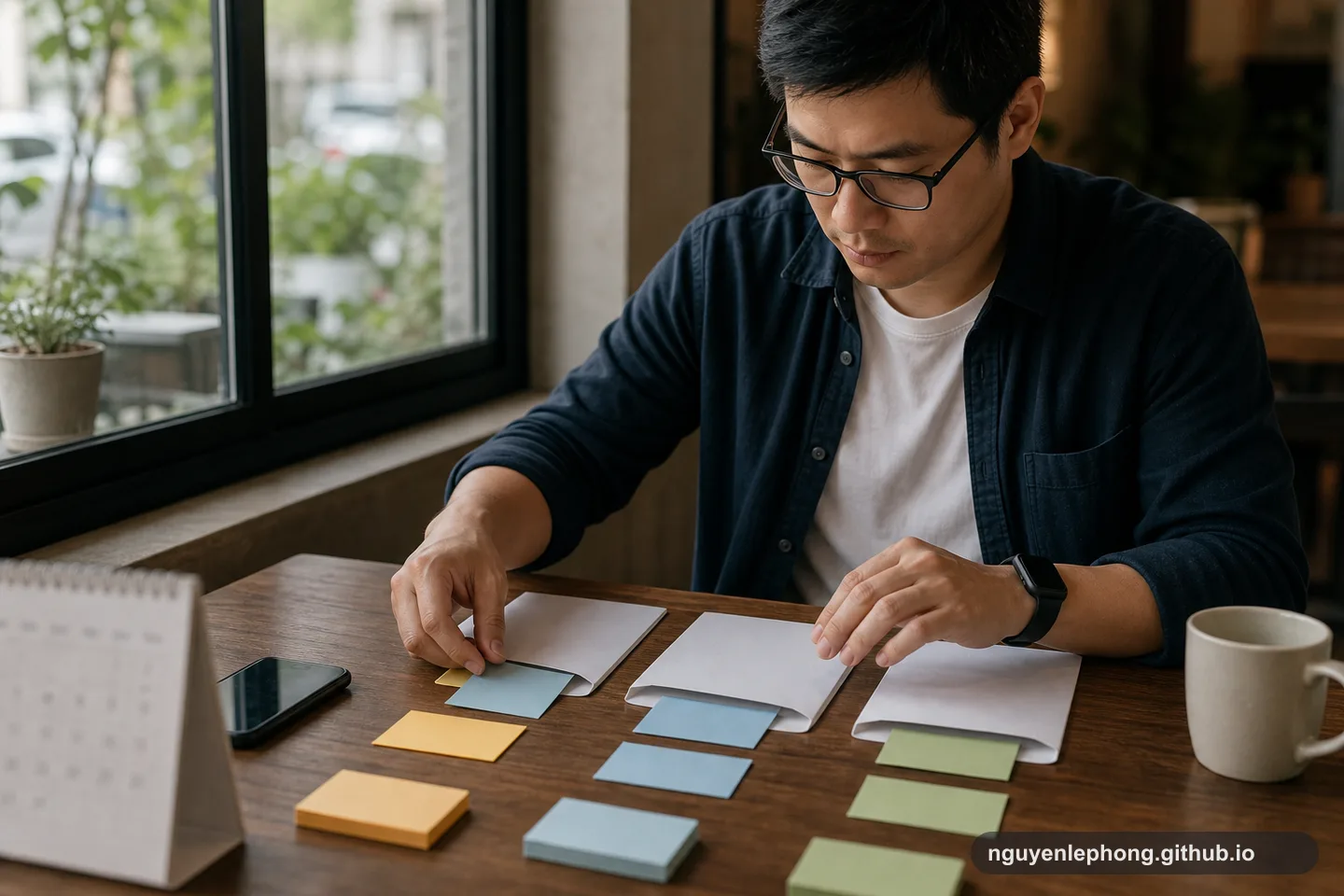 A focused professional sorts notes into short-, medium-, and long-term buckets at a desk near a window.