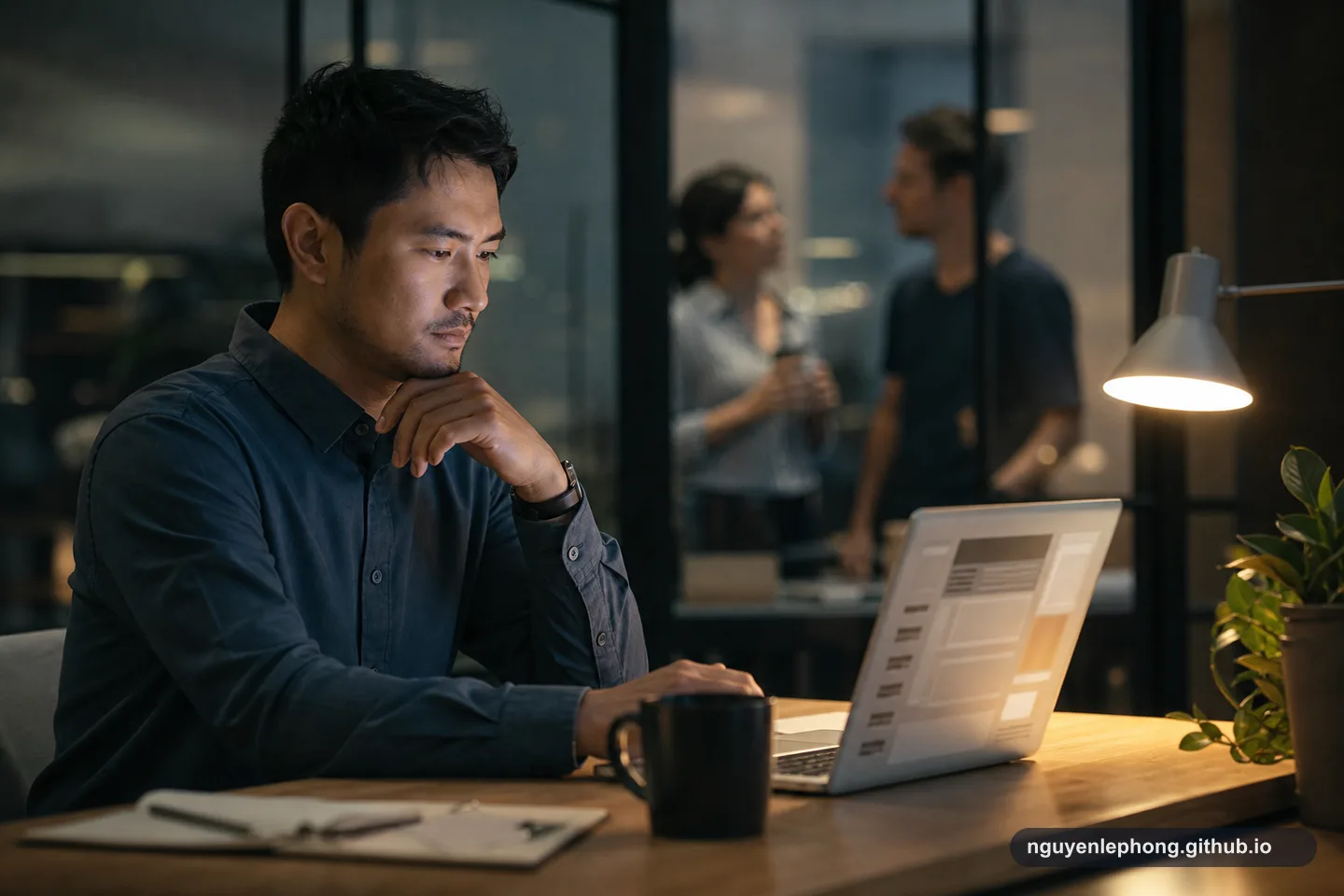 Một người tập trung xem công việc trên laptop trong khi hai đồng nghiệp phía sau nói chuyện nhỏ và bị làm mờ.