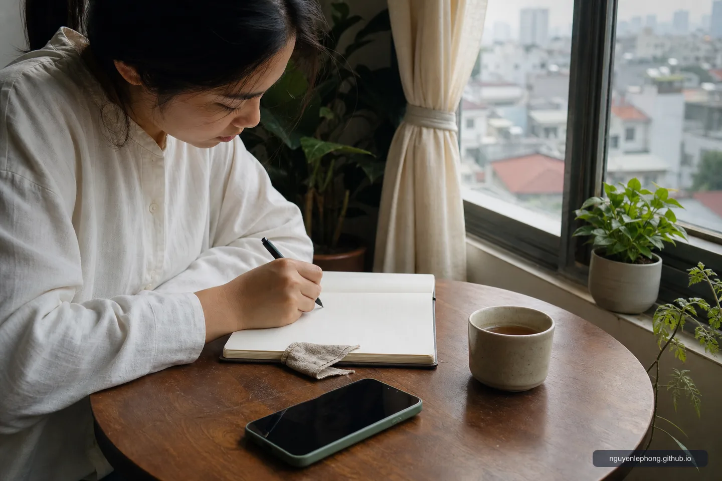 A Vietnamese person writes slowly in a blank notebook at a quiet apartment window with tea and a face-down phone nearby.