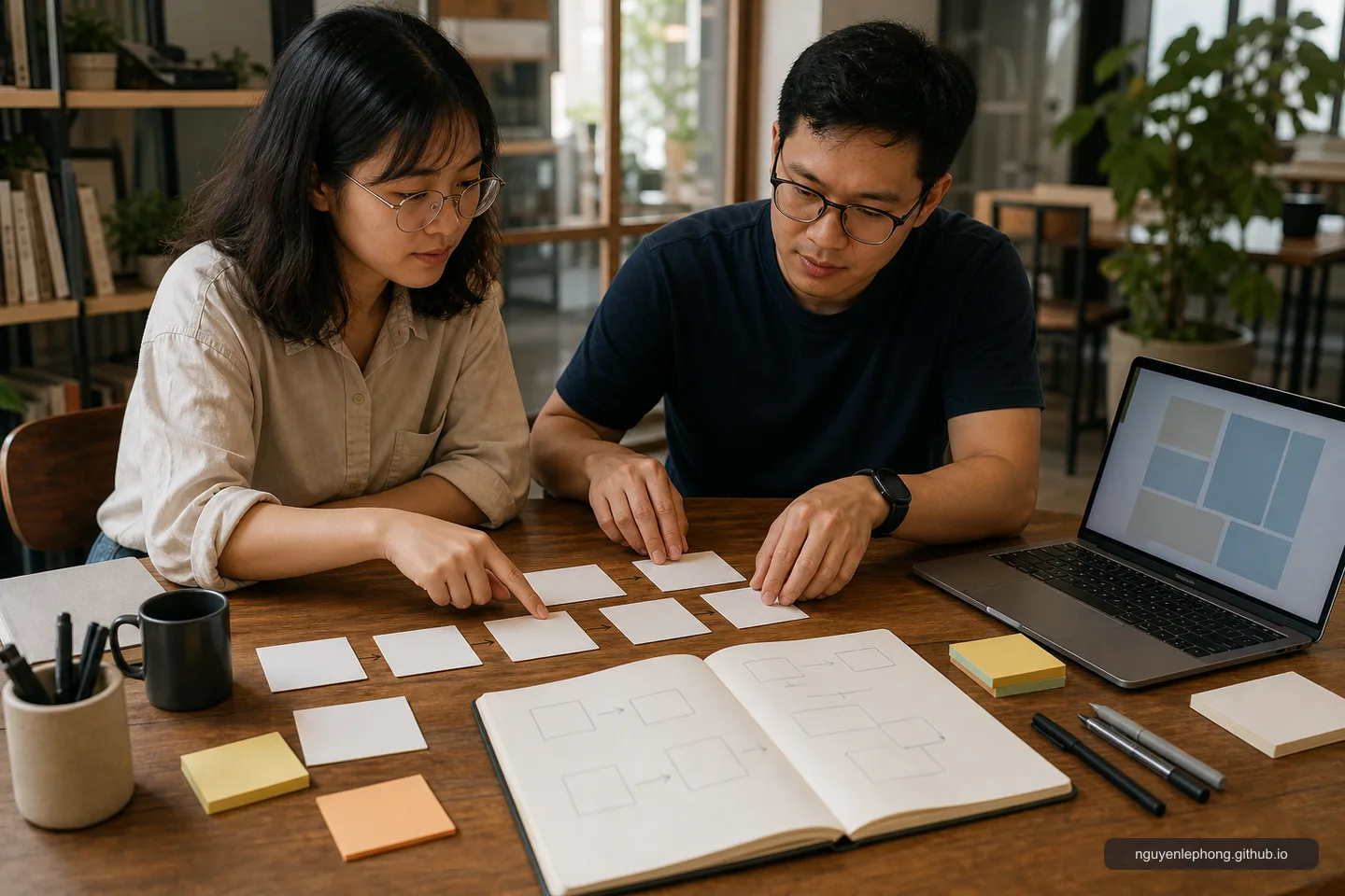 Two Vietnamese colleagues arrange blank cards and abstract diagrams at a table while turning an idea into a shareable handoff.